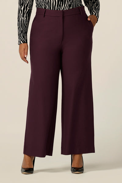 Great workwear trousers, these wide leg, tailored pants in Mulberry are shown in a size 18 and are styled for easy office style. Australian made by Australian and New Zealand women's pants experts,L&F, these easy-care pants are comfortable for work and corporate wear.