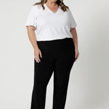 Crafted with both petite and plus-sized body types in mind, these pants offer a flattering fit for sizes 8-24. Proudly Australian-made, they are a must-have staple for those seeking everyday comfort, style, and effortless versatility. Whether you're at the office or on the go, these pants will keep you looking polished and feeling comfortable all day long.