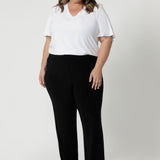 Crafted with both petite and plus-sized body types in mind, these pants offer a flattering fit for sizes 8-24. Proudly Australian-made, they are a must-have staple for those seeking everyday comfort, style, and effortless versatility. 