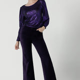 The Jonas pant in Purple Velveteen is a kick flare pant made in purple velveteen fabric. Cocktail pant suit sets. Made in Australia for women size 8 - 24.