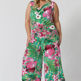 Plus sized model wears Joni Top in Malibu matched back with the Dany Culotte for an effortless faux jumpsuit look. These printed floral culottes are a stylish and comfortable choice for any summer event. Pull on culottes provide comfort and style for easy on the go style. Leina & Fleur proudly stock petite and plus sizes 8-24.