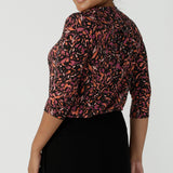 Back view of a size 10 woman wears the Jules Top in Terrazzo, a scoop neckline style with 3/4 sleeves. A comfortable easy care jersey style made in Australia for women size 8 - 24.