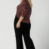 Back view of a size 18 woman wears the Jules Top in Terrazzo, a scoop neckline style with 3/4 sleeves. A comfortable easy care jersey style made in Australia for women size 8 - 24.