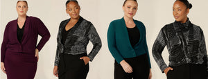A stylish jacket/cardigan in stretch jersey is shown styled in four ways and three colourways: Mulberry red, black and white, and petrol green as part of Australian and New Zealand women's clothing label, L&F winter layering style guide.
