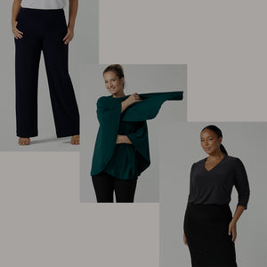 Showing travel clothing essentials for women, 3 images show travel capsule wardrobe ideas by Australian and New Zealand fashion label, Leina & Fleur. Image one shows black, wide leg pants in stretchy jersey. Image 2 shows a bamboo jersey poncho wrap in petrol green. Image 3 shows a 3/4 sleeve, V-neck top in Charcoal grey. All travel clothing is available in sizes 8 to 24. 