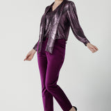  A size 10 woman wears the Keaton Pant in Magenta. Cocktail suit sets for women. Made in Australia for women size 8 - 24. For petite to plus size women made in Australia.