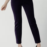 Close up of a Keaton Pant in Purple Velveteen is a slim fit pant with purple velveteen. Made in Australia for women. Cocktail pant suit set. Made in Australia for women size 8 - 24.