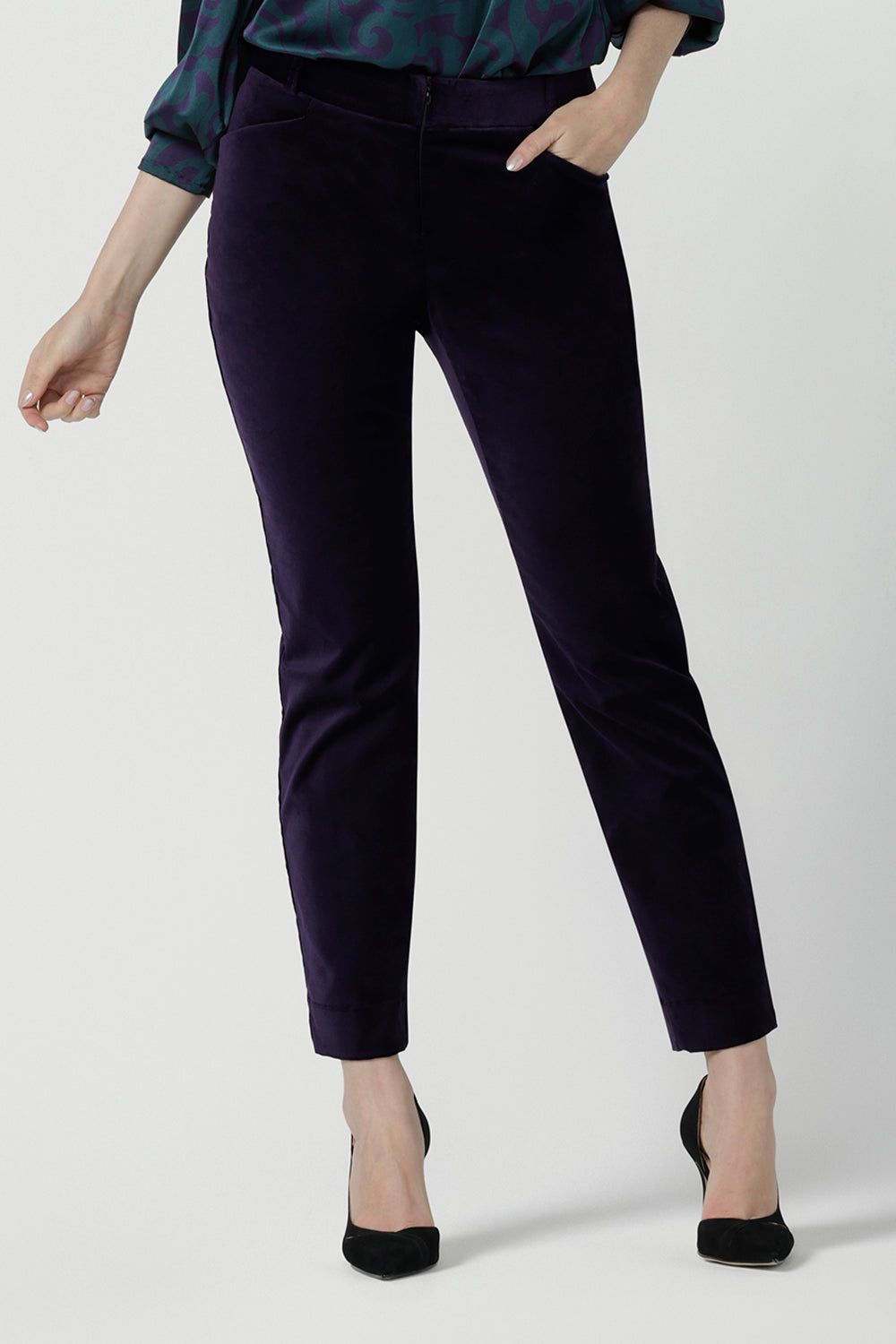 Close up of a Keaton Pant in Purple Velveteen is a slim fit pant with purple velveteen. Made in Australia for women. Cocktail pant suit set. Made in Australia for women size 8 - 24.