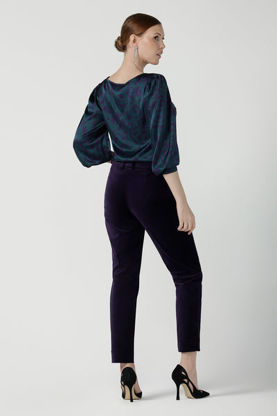 Back view of the Keaton Pant in Purple Velveteen is a slim fit pant with purple velveteen. Made in Australia for women. Cocktail pant suit set. Made in Australia for women size 8 - 24.