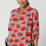 The Kelyn Top is a versatile piece that effortlessly transitions from workwear to weekend chic, offering a relaxed, floaty feel with high-style sophistication. Australian made by woman's clothing brand Leina & Fleur, available in sizes 8-24.