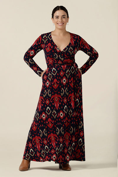 A great maxi dress, the Kimberly Maxi Dress in Ikat is a full length jersey wrap dress with long sleeves. Shown on a size 10 woman, this maxi dress is made in Australia in sizes 8 to 24.