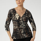 The Kyle Top in Panthera—a bold cheetah print—features a fixed wrap bodice that stays perfectly in place, offering the elegance of a wrap design without the need for constant adjustment.