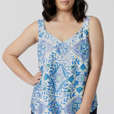 A good sleep  and loungewear top for petite women, a size 10 woman wears this blue ,white and green print cami top with wide shoulder straps. In eco-friendly modal fabric this top is breathable and thermo regulating and a good pyjamas for night  sweats. Create the perfect pajama set with the matching pyjama pants or bamboo jersey lounge pants.