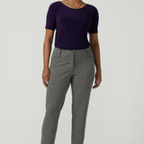 A size 10 woman wears the Lulu Tailored pant in Jacquard. A slim fit tailored pant in comfortable ponte for petite to plus size. Made in Australia for women size 8-24