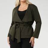 Size 18 model wears Dark Olive jacket over black work top and black wide leg pants. Available in size 8-24. Lyndon pairs effortlessly over dresses or with L+F separates for an elevated work to weekend attire, perfect for the cooler months. 