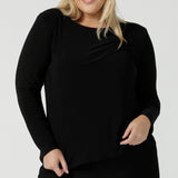 Black Mason top in size 12. Made in Australia for women size 8 - 24. Long sleeve top made in easy care jersey. Made in Australia for women size 8 - 24. 