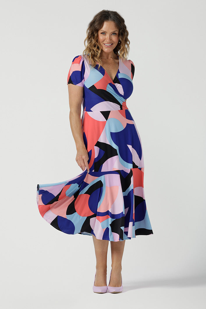 A good summer dress for over 40s style, this abstract print fixed wrap jersey dress is made in Australia by women's clothing label, L&F Australia.