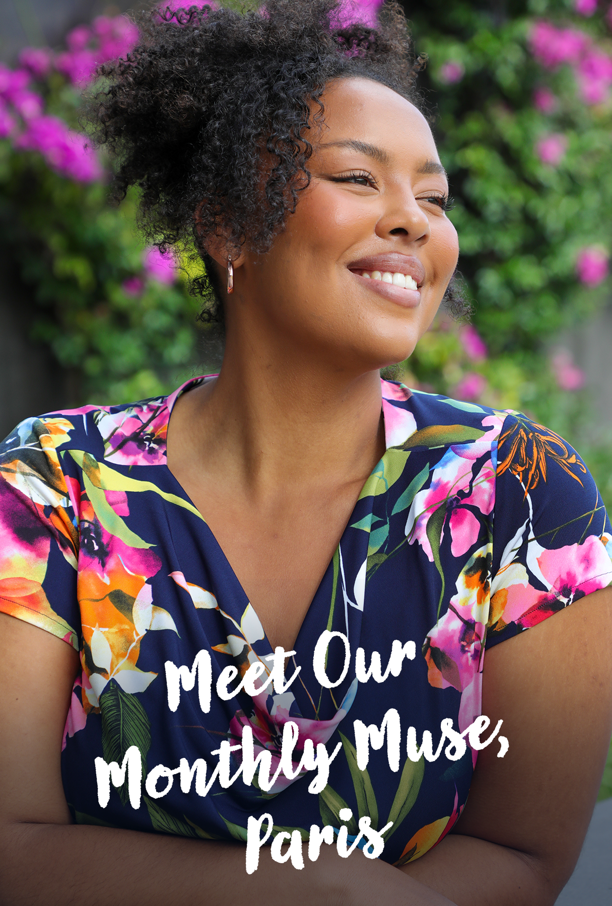 Australia fashion brand, Leina & Fleur show their monthly model muse, Paris. Paris is a plus size, size 18 woman wearing a floral print cowl neck top, one of the new spring summer fashion trends for 2023. 
