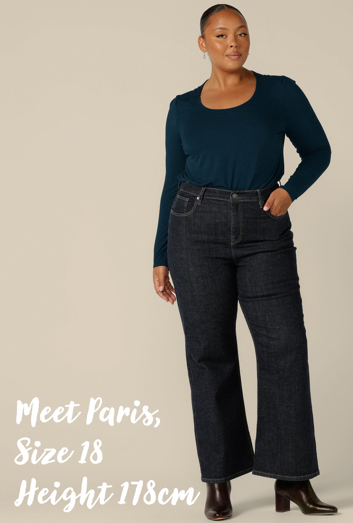 Introducing L&F's (Australian and New Zealand women's fashion label, Leina & Fleur's) plus size model muse for the month, Paris, a fuller figure size 18 woman wearing a ethical wide leg jeans and a long sleeve jersey top.