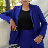 Front view of a size 10 model wears the Merit Blazer in Cobalt, a corporate casual blazer suit set made for women size 8-24. . Made in Australia for women. Petite to plus size.