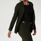 Womans easy care blazer made from Scuba crepe jersey fabric. Crafted with functional patch pockets, tailored shawl collar and covered front button. Woman's blazer will have you looking stylish in all corporate and casual occasions. Woman's workwear clothing made in Australia sizes 8-24. 