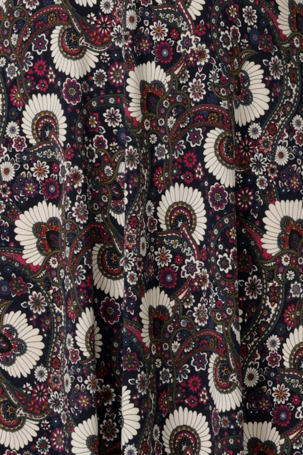 swatch of Australian and New Zealand women's fashion label, L&F's paisley Midori print on dry touch jersey used to make a range of women's wrap dresses and maxi dresses
