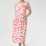 Designed in a flattering midi length, it features a sleeveless round-neck bodice and a softly gathered A-line skirt with side pockets for ease and functionality. 