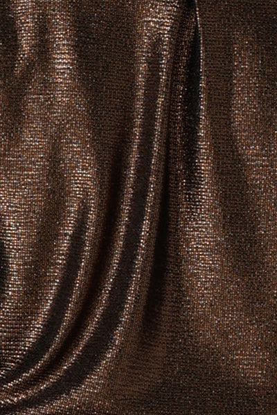 fabric swatch of Mocha Xanadu, a shimmering jersey fabric in shades of copper and brown, this sparkly fabric is used by Australian and New Zealand women's fashion brand, L&F to make evening tops and skirts in their new occasionwear collection.