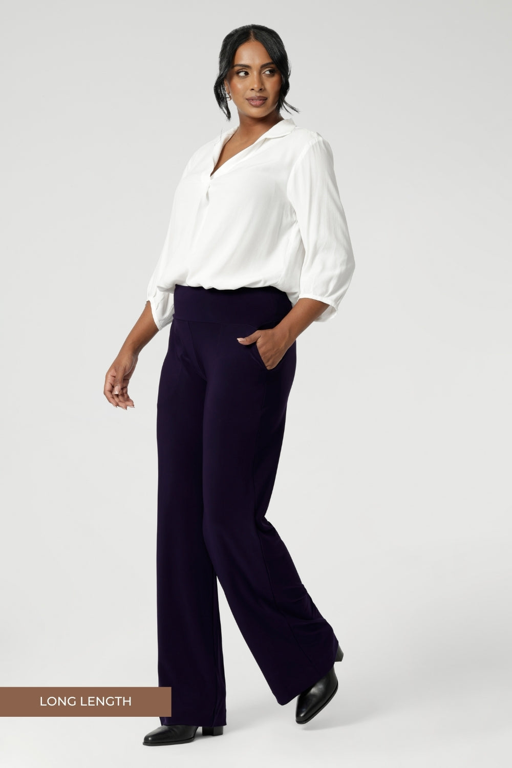 Made in Australia, these pull-on pants are available in three lengths, providing the perfect fit for various body types. The deep, double-layer waistband offers a smooth and flattering silhouette, while the side pockets with topstitching detail provide both functionality and a stylish touch. Stretchy workwear pants are available in sizes 8-24.