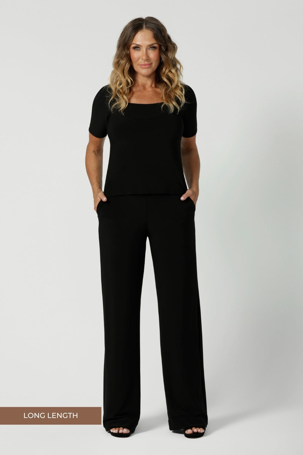 Over 40's woman wears back to work black pants in the long length version. Leina & Fleur's Monroe Pants feature a pull on easy style, with a full length straight leg. Made with easy care dry touch jersey fabric. Made in Australia for Australian & New Zealand women on the go. Leina & Fleur proudly stocks sizes from 8-24. The Monroe Pant is now available in 3 heights.