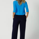 Ideal for the woman on the go. Navy workwear pants are seen on over 40's woman. Made with dry touch jersey fabric that provides long lasting quality & comfort. Available in sizes 8-24 and with 3 length options to consider. 