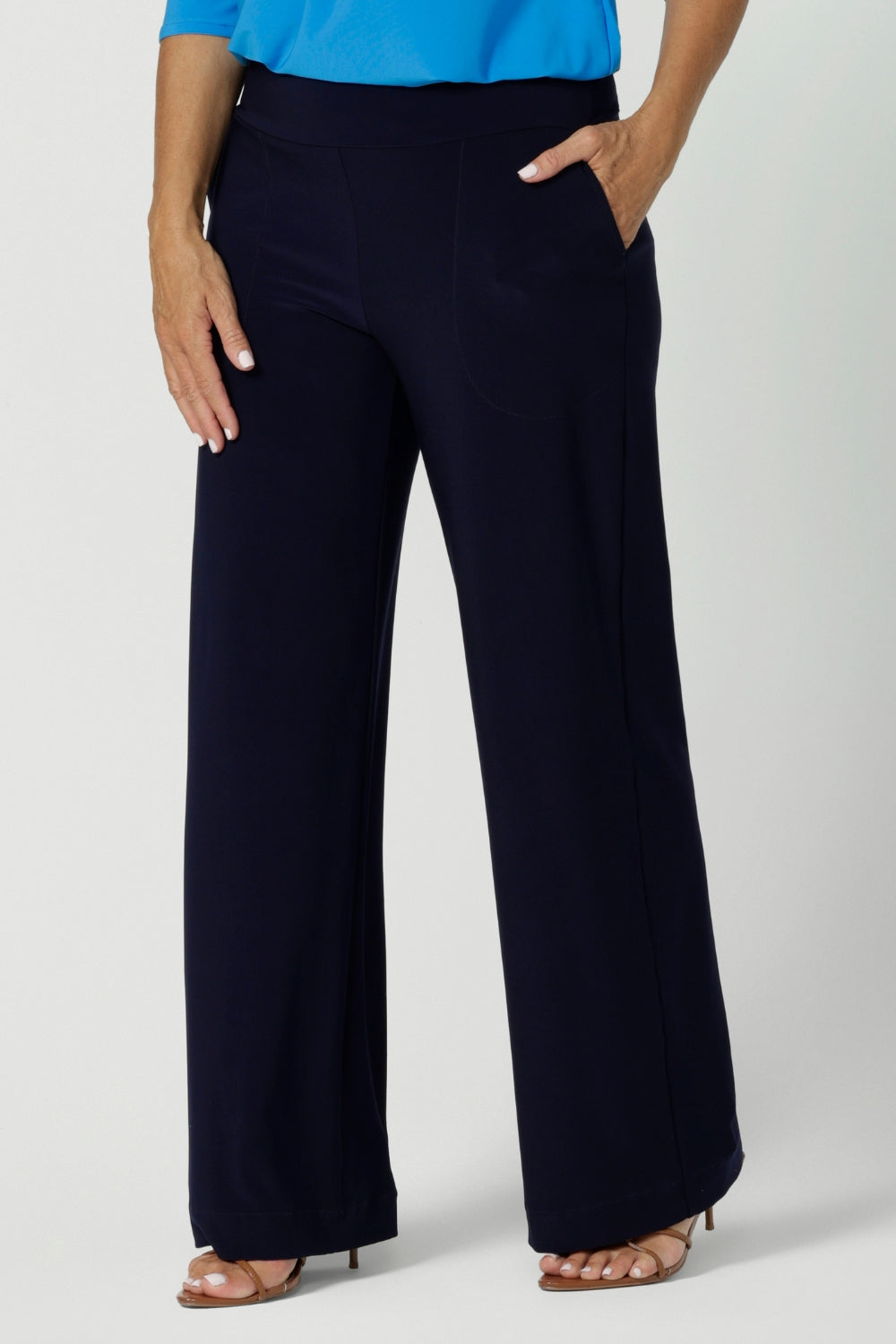 Close up of Monroe Pant in Navy Jersey, easy care fabric. Great work pants for curvy women. Comfortable corporate wardrobe, for the woman on the go. Made in Australia for women size 8 - 24. Now available in 3 height lengths.