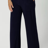 Close up of Monroe Pant in Navy Jersey, easy care fabric. Great work pants for curvy women. Comfortable corporate wardrobe, for the woman on the go. Made in Australia for women size 8 - 24. Now available in 3 height lengths.