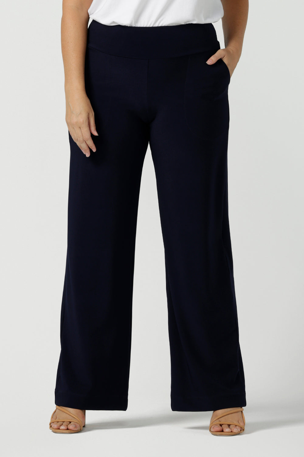 Close up of Monroe Pant in Navy Jersey. Great work pants for curvy women. Comfortable corporate wardrobe. Made in Australia for women size 8 - 24.