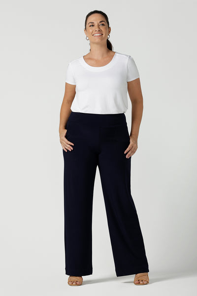 Monroe Pant in Navy Jersey. Great work pants for curvy women. Comfortable corporate wardrobe. Made in Australia for women size 8 - 24.