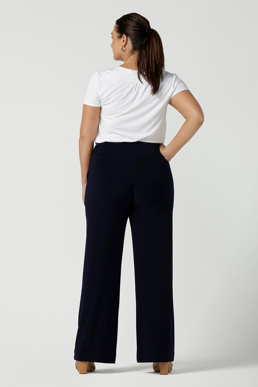 Back view of Monroe Pant in Navy Jersey. Great work pants for curvy women. Comfortable corporate wardrobe. Made in Australia for women size 8 - 24.