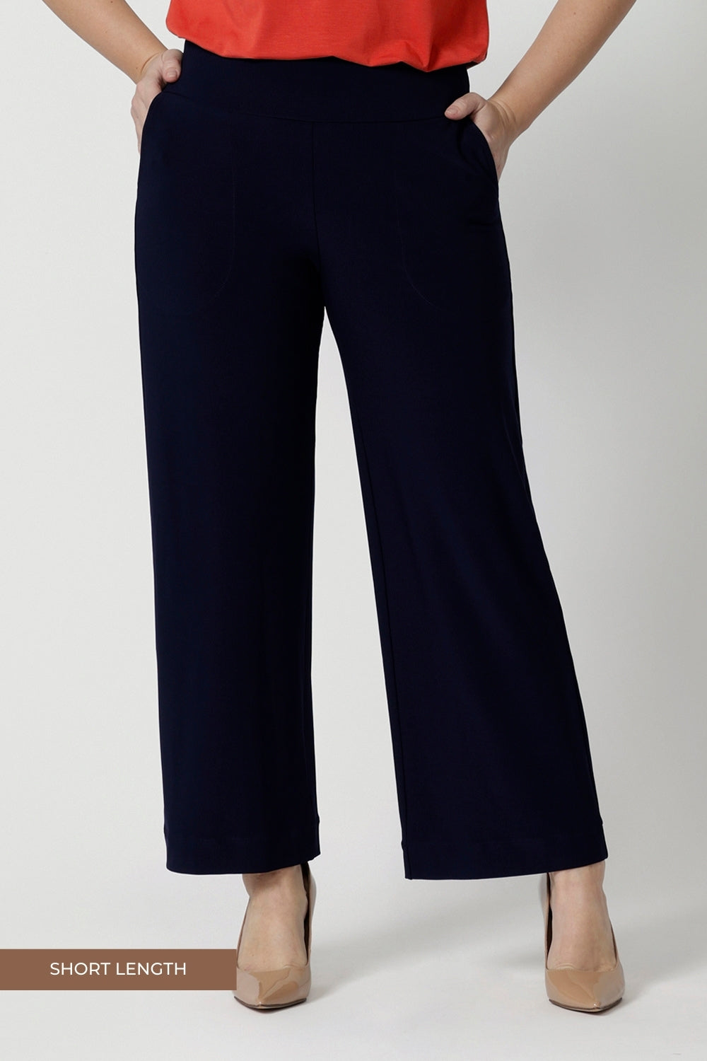 Navy workwear pants feature comfortable & easy pull on style. Made with easy care, dry touch jersey fabric that provides long lasting quality and comfort. Available in sizes 8-24, with 3 height length options. 