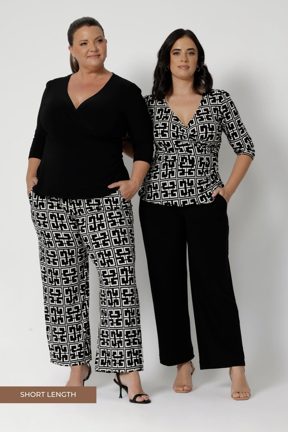 Available in two versatile colours and with the option of 3 pant lengths. Workwear essentials come in sizes 8-24. Providing comfortable yet stylish offering which is great fit for all body types. Image features plus size woman and petite height woman wearing the same short lengths pants in sizes 10 and 18.