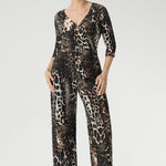 Style our best-selling Monroe Pant with matching Kyle or Bowie top for an easy, coordinated faux jumpsuit look. Over 30's woman wears her animal print jumpsuit. 