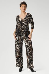 Style our best-selling Monroe Pant with matching Kyle or Bowie top for an easy, coordinated faux jumpsuit look. Over 30's woman wears her animal print jumpsuit. 