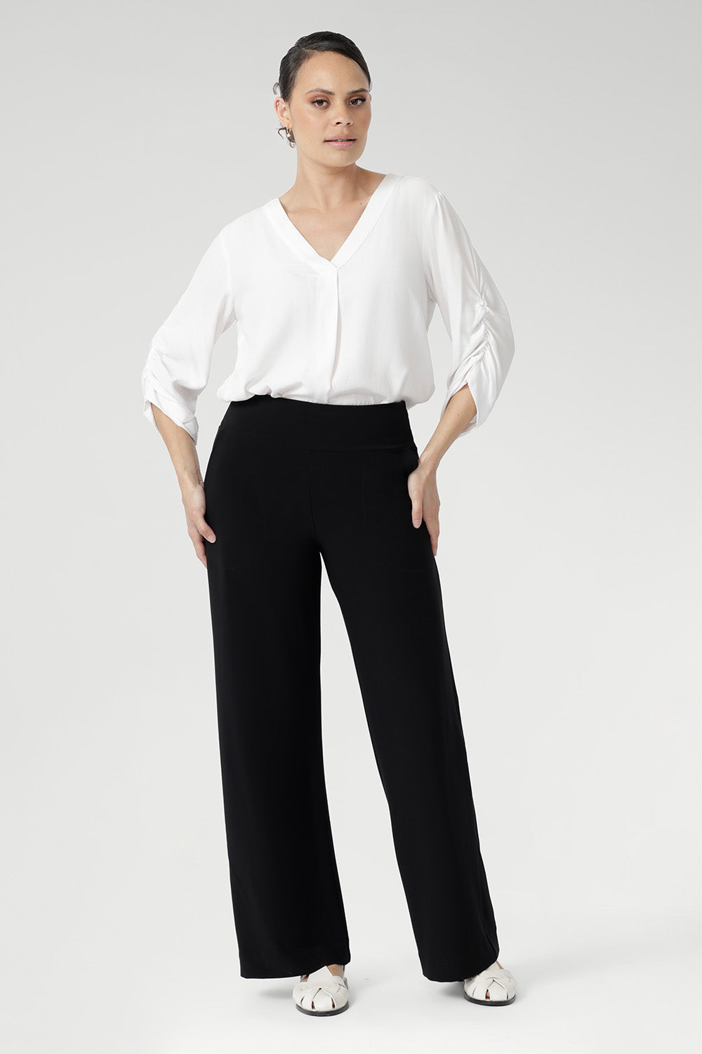 Our best-selling Monroe Pant is crafted from luxurious jersey that drapes beautifully and feels comfortable all day. Designed with a pull-on fit, deep double-layer waistband, side pockets, and straight-leg cut, it’s perfect for pairing with items from our fluid-suiting collection. Australian made and available in sizes 8-24, with three convenient lengths.