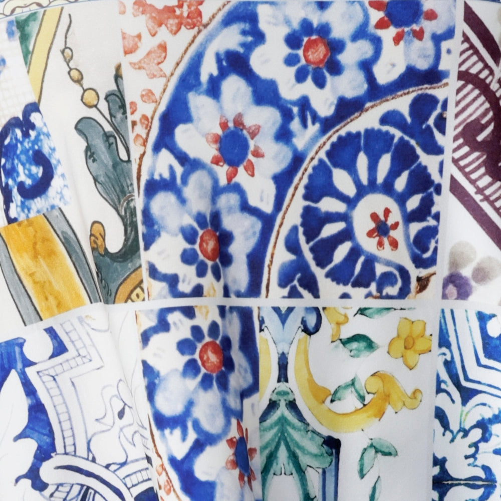 Still swatch image of Mosaic Tile print. Made from our soft-touch jersey fabric with gentle stretch and a satin-like feel, this Australian-made culotte showcases a captivating Sicilian-inspired print in cobalt, yellow, brown, and green. Used to create a collection of womens holiday collection in sizes 8-24.