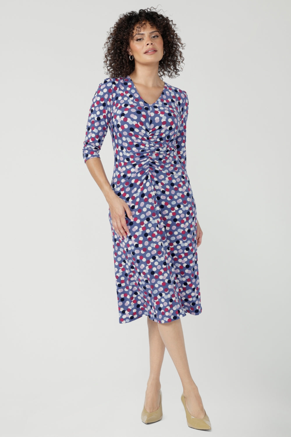 Crafted from our signature dry touch stretch jersey, the Nadine Dress is an elegantly subtle aline dress with fashion forward ruched sleeves, offering a flattering silhouette