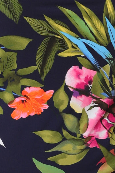 swatch of Australian and New Zealand fashion label L&F's Navy Iris  floral print dry touch jersey fabric used to make women's wrap dresses and casual tops.