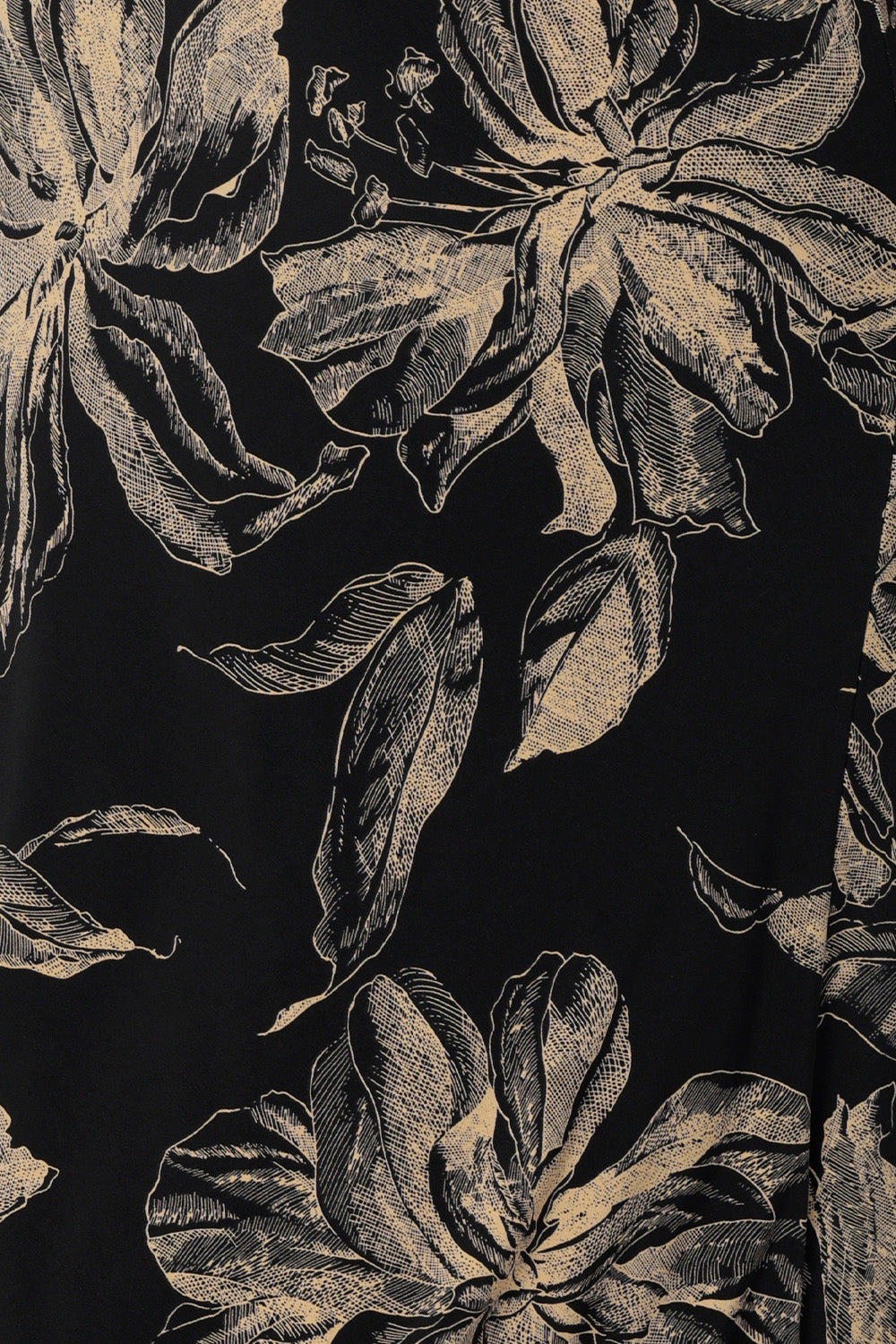 Swatch Image of the Night Lily Print on a black dry touch jersey base with coffee coloured floral print. Used to craft a collection of women's dresses, tops and dresses. Made in Australia in sizes 8-24.