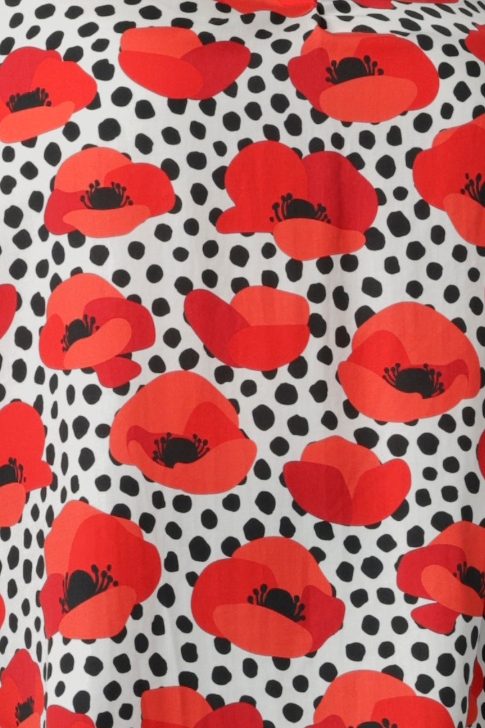 Fabric Swatch image of the Pavot Print used by Australian made clothing brand Leina & Fleur to craft a collection of woven shirts made from a white Tencel twill base with poppy details in red, tangerine and black. Fabric has no stretch but beautiful drape and available in sizes 8-24.