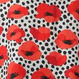 Fabric Swatch image of the Pavot Print used by Australian made clothing brand Leina & Fleur to craft a collection of woven shirts made from a white Tencel twill base with poppy details in red, tangerine and black. Fabric has no stretch but beautiful drape and available in sizes 8-24.