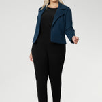 Plus size woman wears the Paxton Pant in black with matching black workwear top and has added the Garcia Jacket in petrol for a full suiting look. Paxton is a pull-on style designed for the woman on the go. It effortlessly pairs with L&F separates and the Garcia jackets, creating a comfortable and stylish suiting look. Proudly made in Australia size 8-24.