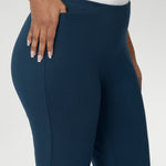 The Paxton Pant is on a dry-touch Ponte jersey base. The fabric has firm stretch. Pull on style pant features a straight leg cut, high pockets and ankle slit details. Available in 3 lengths in sizes 8-24.