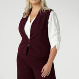 Women's wine coloured suiting vest features a flattering V-neck and is sleeveless for a modern, sleek look. It’s double ended, two-way zip, offers versatility, ease of movement and endless styling options. Available in sizes 8-24.